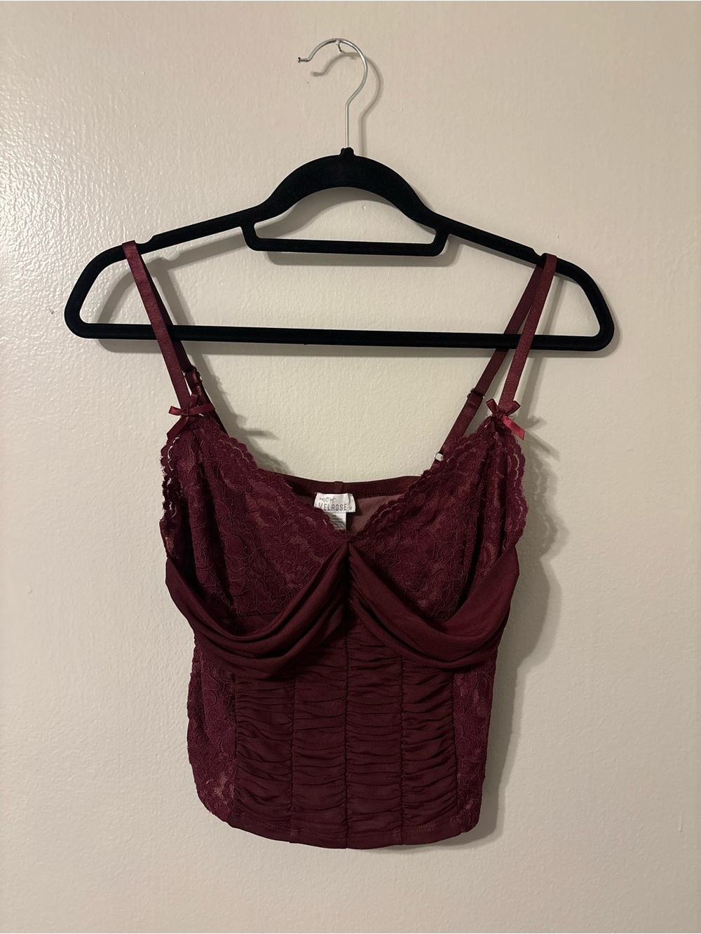 West of Melrose Lace-Trim Burgundy Tank Top with Ruched Front